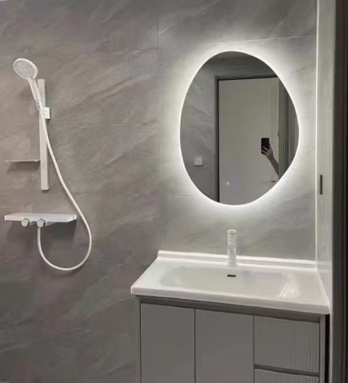 Delicate LED Lights Bathroom Mirror Clock and Temperature Display Induction Irregular Bath Dingju Mirror